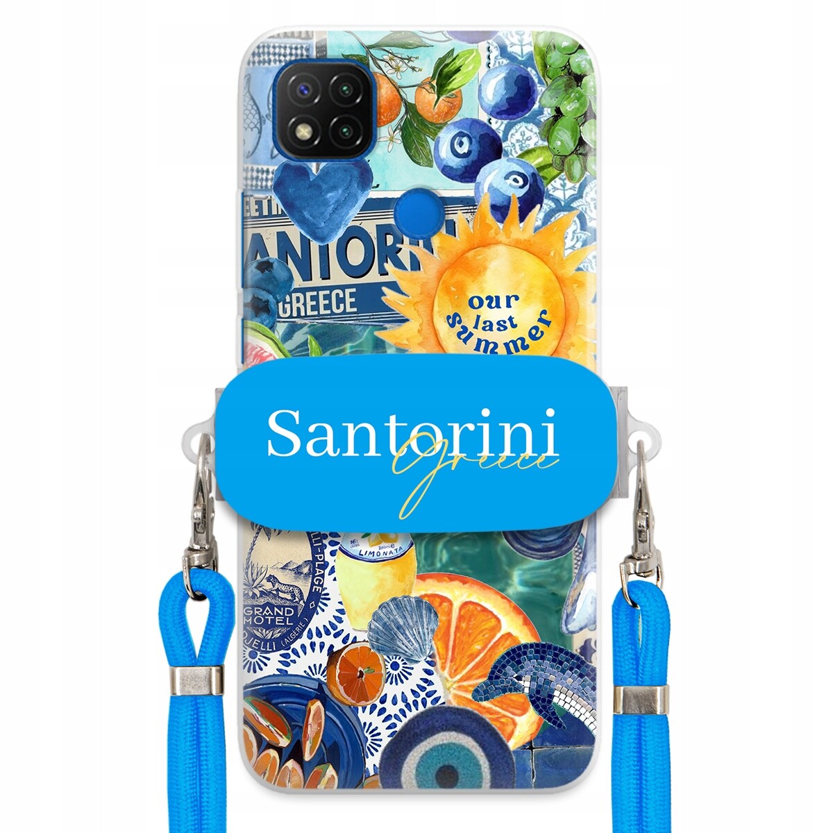 Pouzdro pro Xiaomi Redmi 9C Modré Crossbody vodítko Držák Santorini Greece
