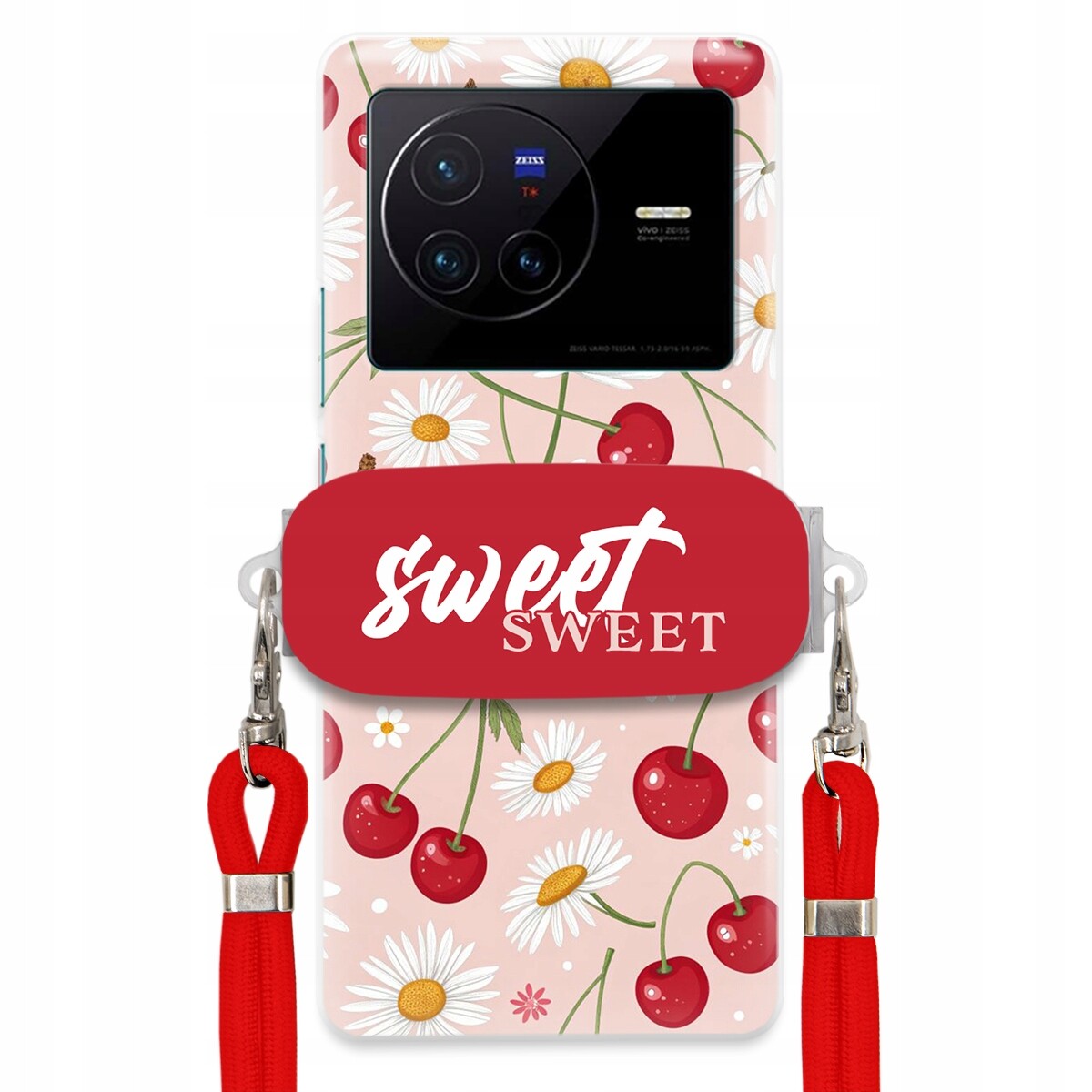 pouzdro na Vivo X80 Červené vodítko držák Crossbody Sweet Sweet Višňový Květ