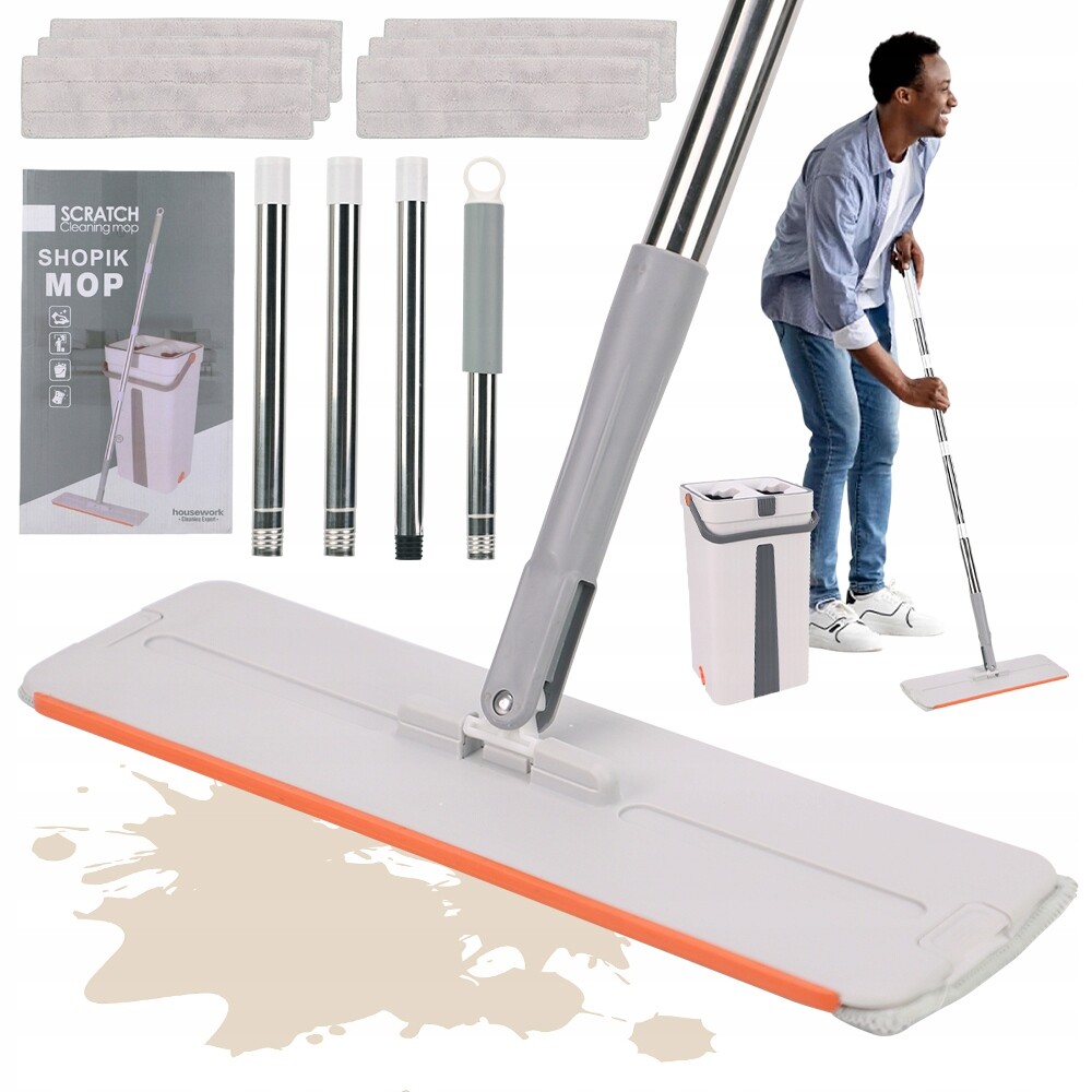 Plochý Mop Set Se Ždímačem A Dvoukomorovým Kbelíkem 6 Utěrek