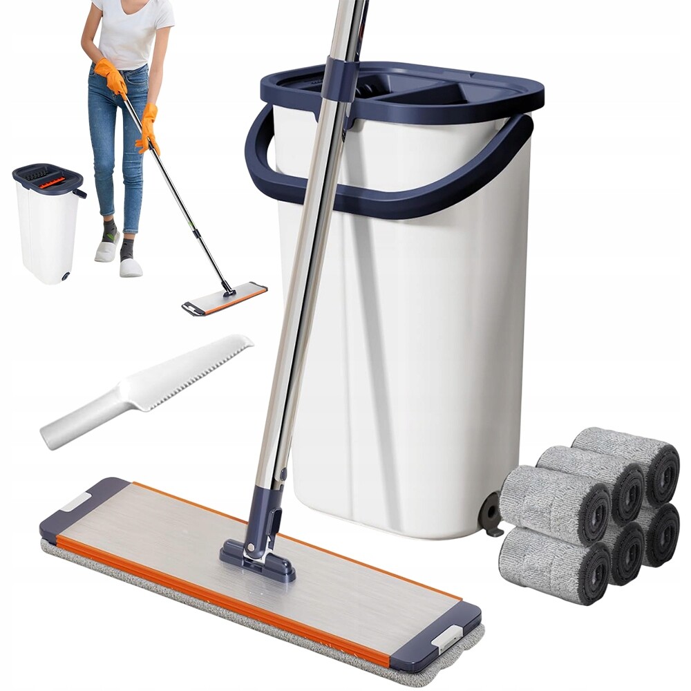Plochý Mop Se Ždímačem S Dvoukomorovým Kbelíkem Vložky Z Mikrovlákna