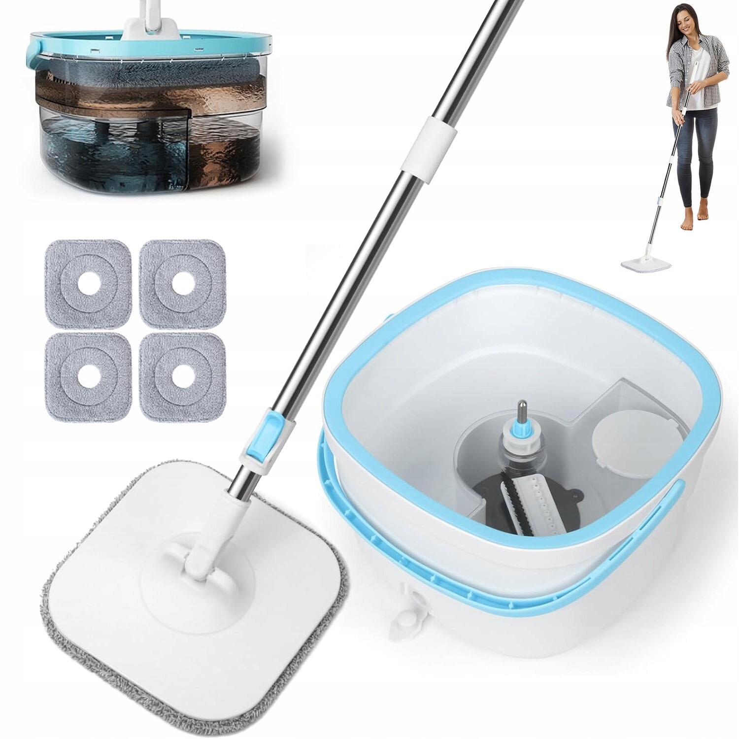 Clean Water Spin Rotační rotační mop Plochý kbelík 4x Utěrky na mop