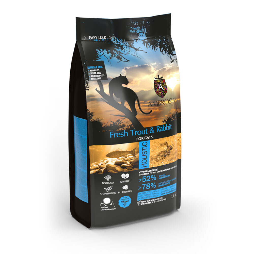 Ambrosia Light Čerstvý pstruh a králík 5 kg Suché Krmivo pro kočky