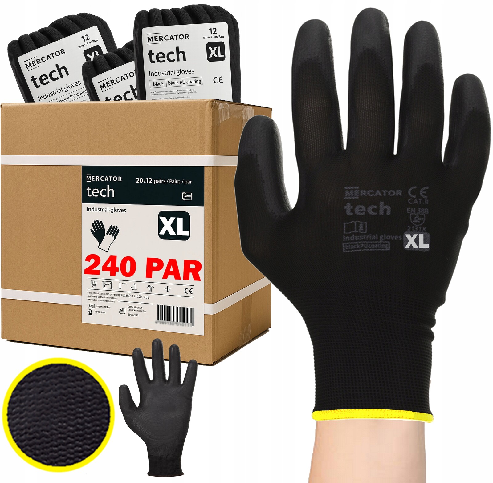 Pracovní Rukavice Komfort Black+black Tech Pu Poliur Stahovací Pásek XL 240 Párů