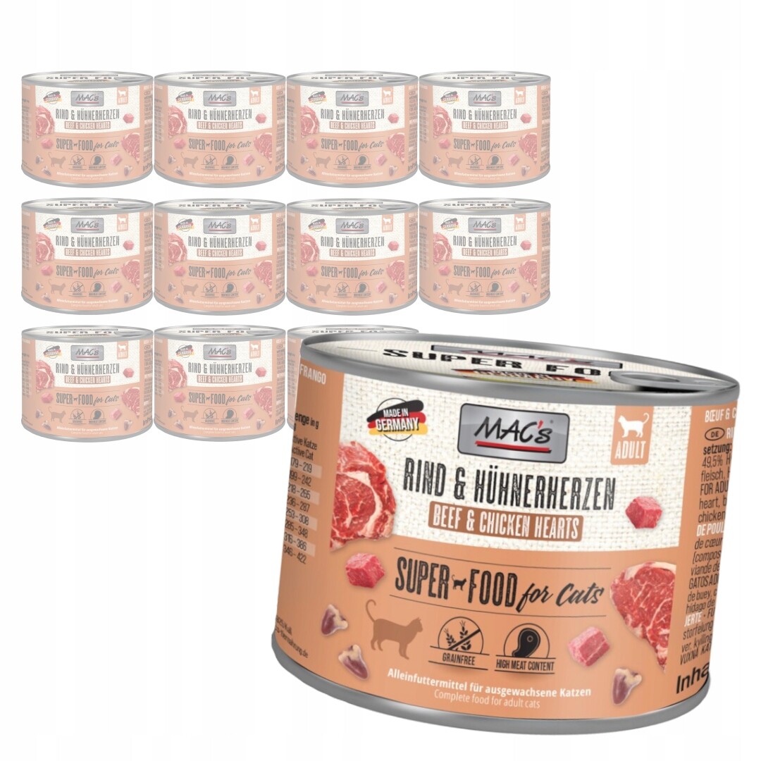 MAC's 12x200g Bezobilné Mokré Krmivo Pro Kočky Hovězí srdce Drůbeží