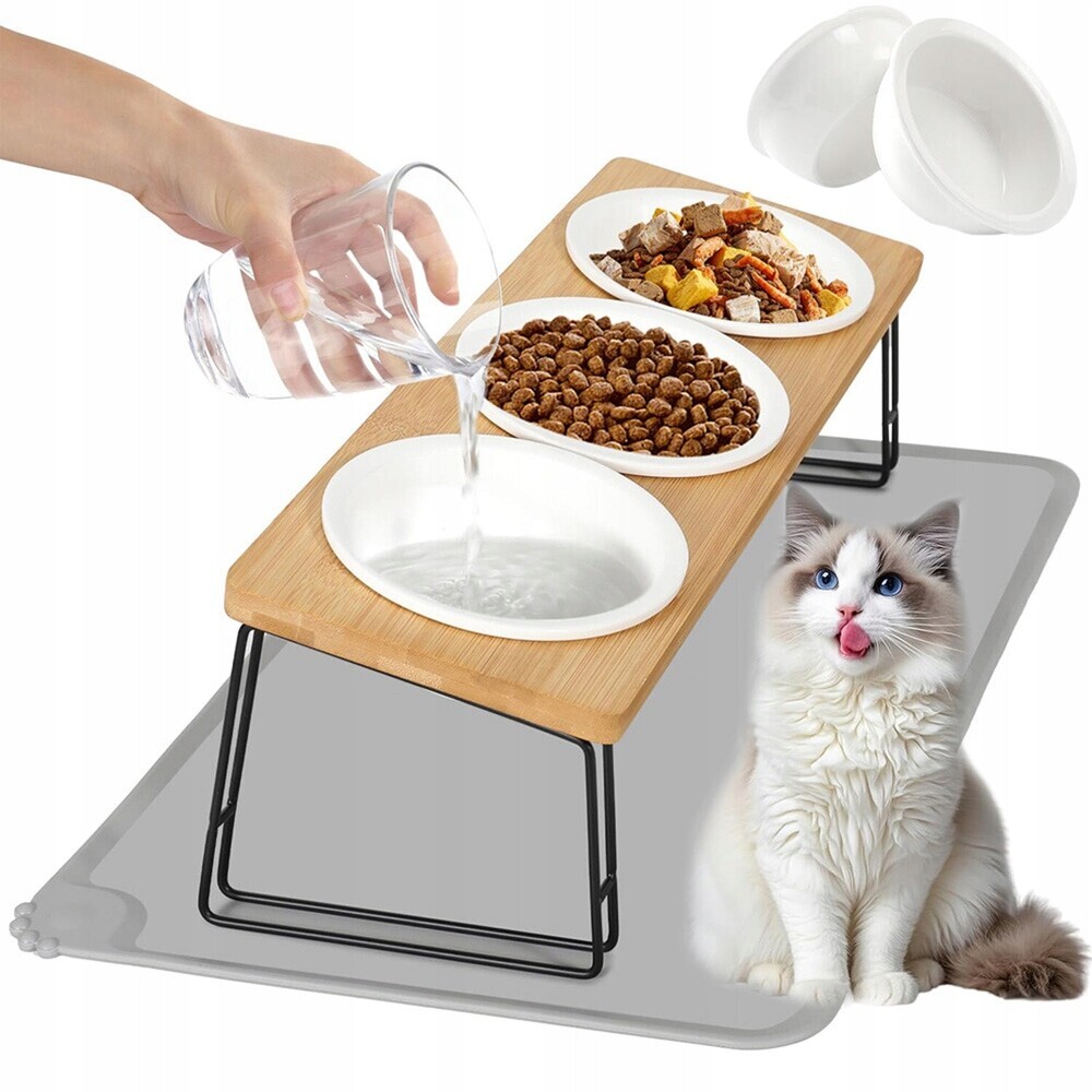 Sada 3 Keramických Misek Pro Psa A Kočku S Podstavcem A Silikonovou Podložkou