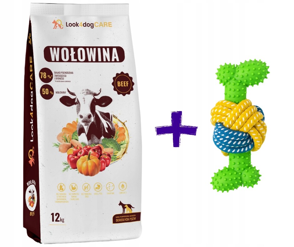 Suché krmivo Look4dog Care Hovězí Maso 12 kg bez kuřecího masa, obilovin Hračka Bonus