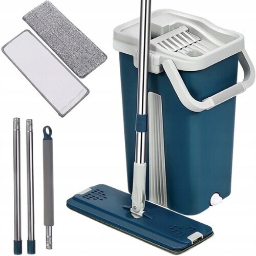 Plochý Mop S Dvoukomorovým Kbelíkem a 3 utěrkami z mikrovlákna, modrý