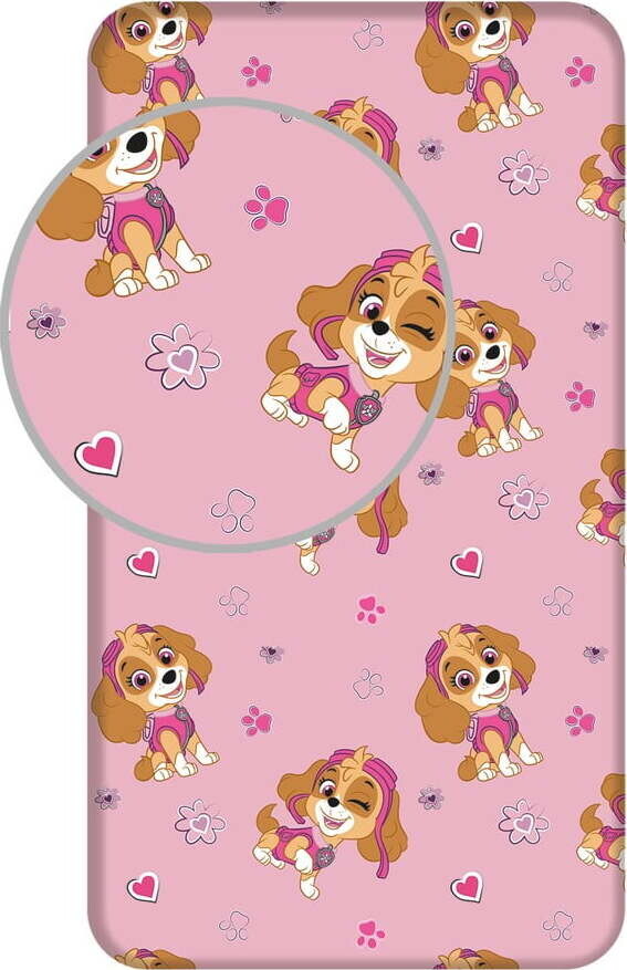 Růžové napínací bavlněné dětské prostěradlo na jednolůžko 90x200 cm Paw Patrol – Jerry Fabrics
