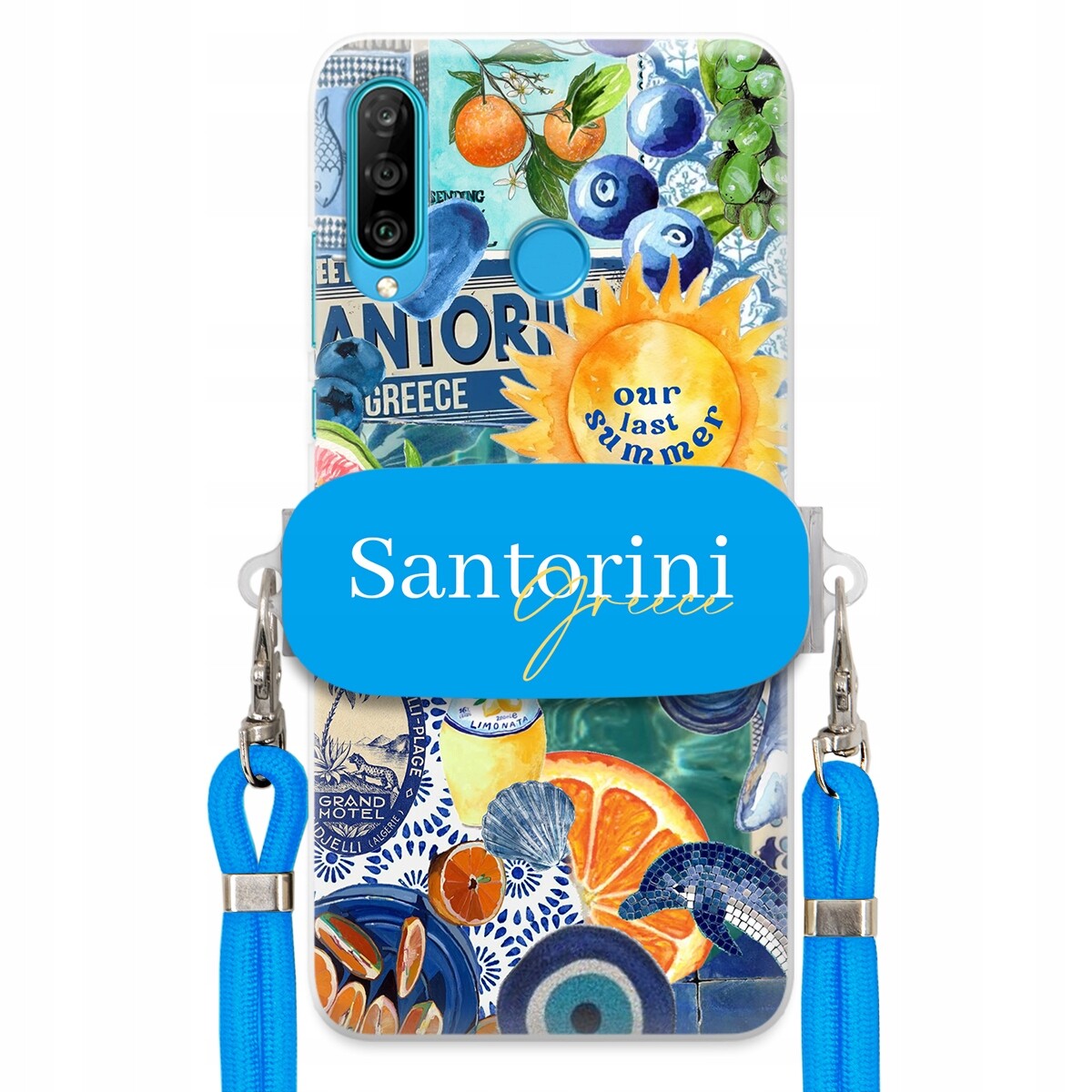 Pouzdro pro Huawei P30 Lite Modré Crossbody vodítko držák Santorini Greece