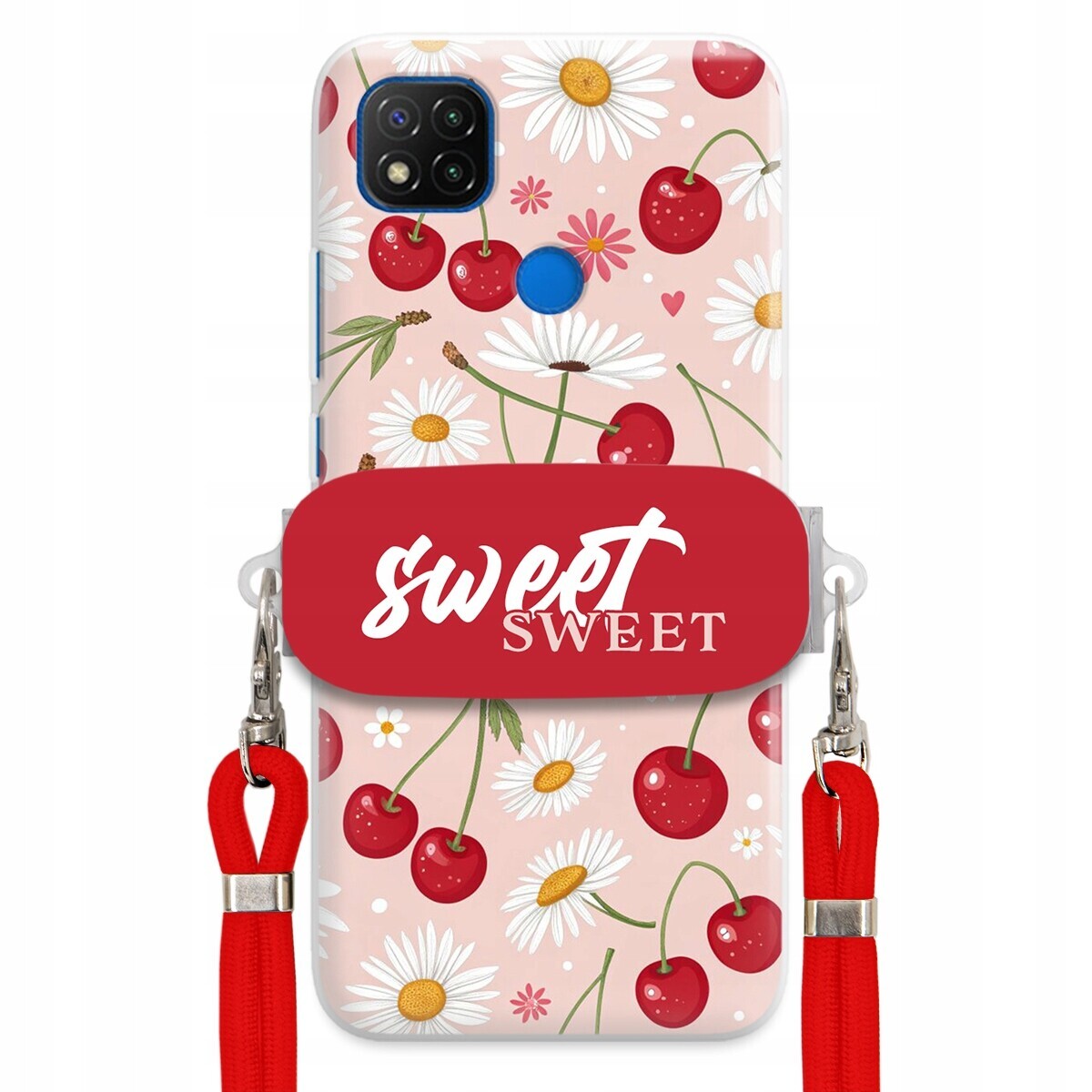 Pouzdro pro Xiaomi Redmi 9C Červené vodítko držák Crossbody Sweet Višňový Květ