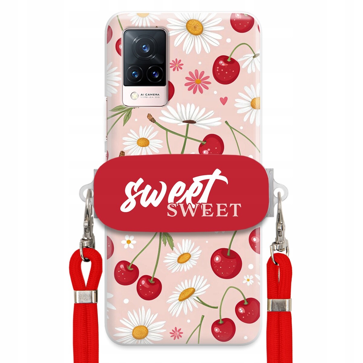 pouzdro na Vivo S9 Červené vodítko držák Crossbody Sweet Sweet Višňový Květ