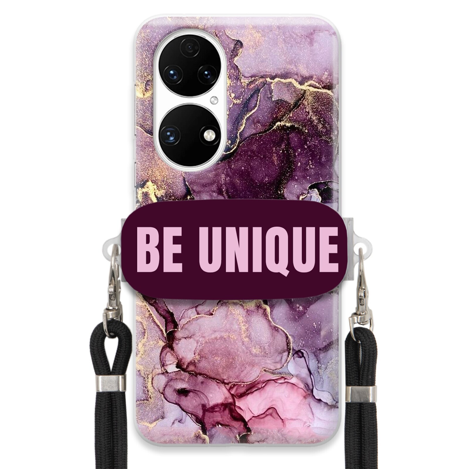 Pouzdro pro Huawei P50 úchytka na šňůrku Černý fialový mramor