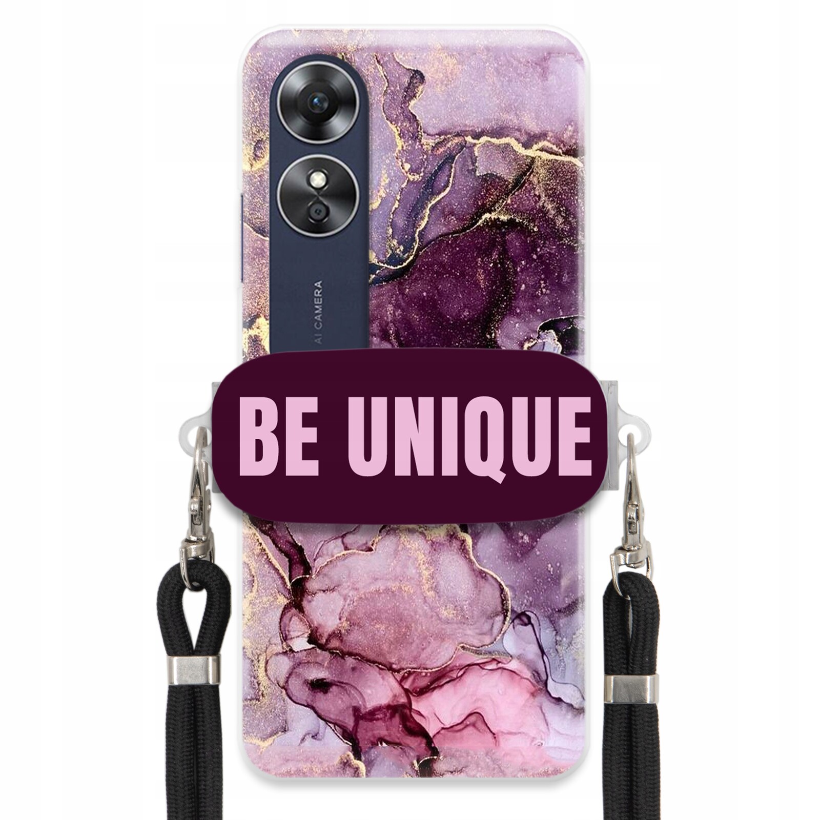 Pouzdro pro Oppo A17 Case Uchytka Šňůrka Černá Be Unique Fialová Mramorová