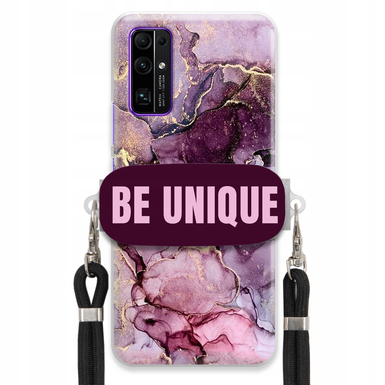 Pouzdro pro Huawei Honor 30 Pro úchytka na šňůrku, černý fialový mramor