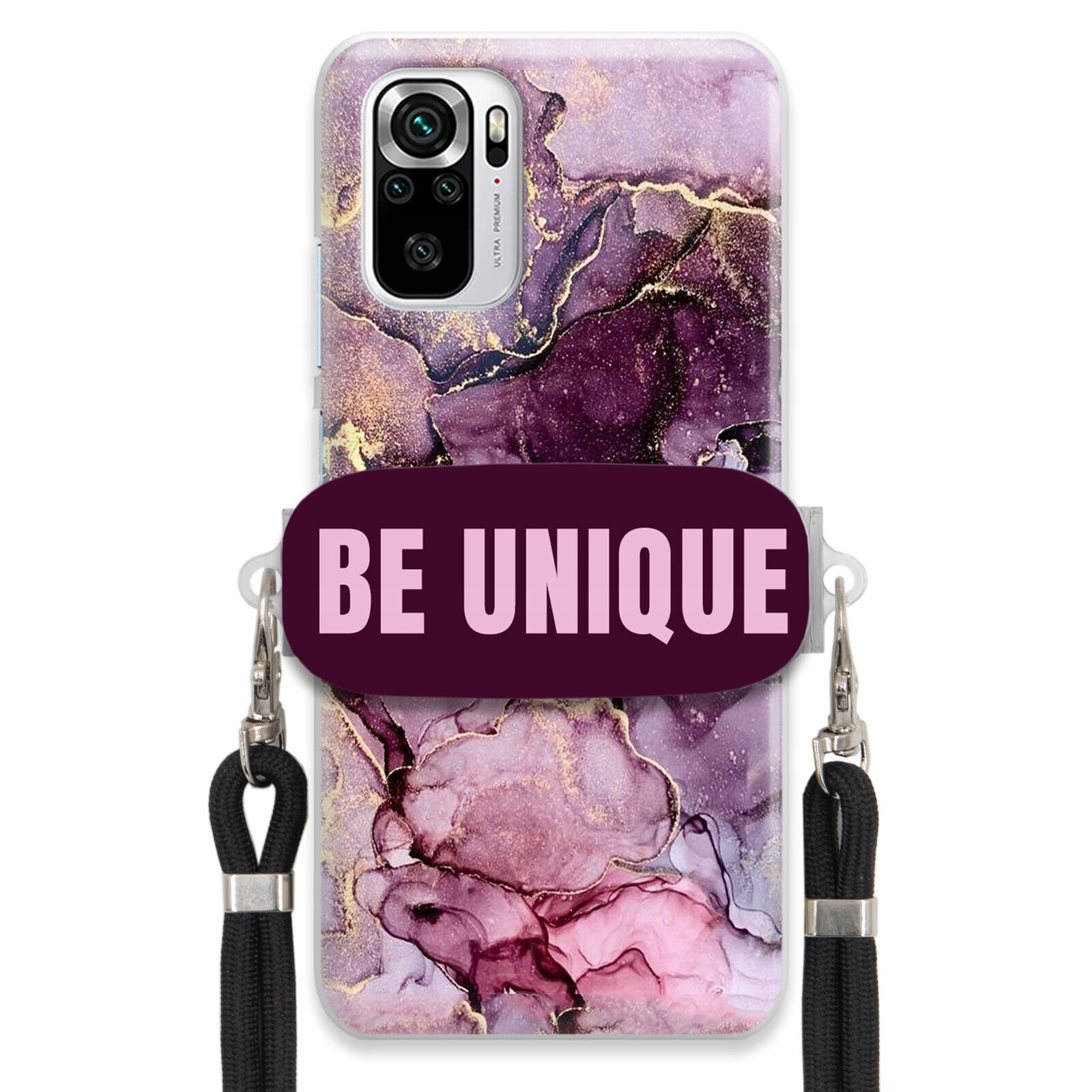 Pouzdro pro Xiaomi Redmi Note 10S Sklopná šňůrka Černá Unique Fialová Mramorová barva