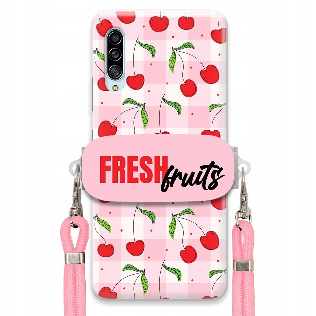 Pouzdro pro Samsung A90 Case Držák Šňůrka Růžová Fresh Fruits Mřížka Ovoce
