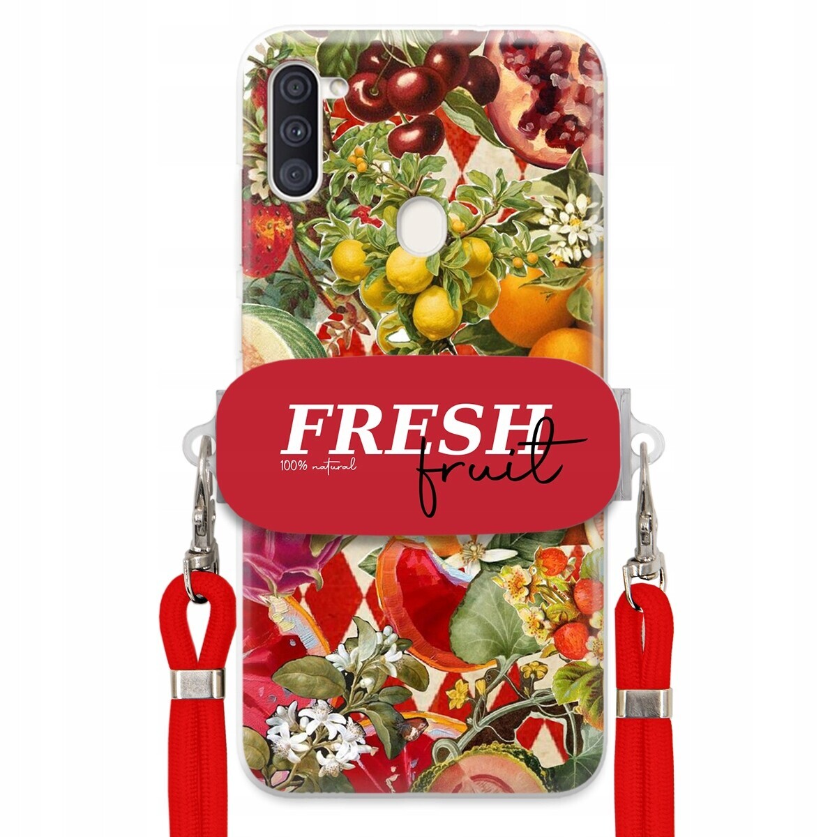 Pouzdro pro Samsung A11 Červené Crossbody vodítko Držák Fresh Fruit Ovocné