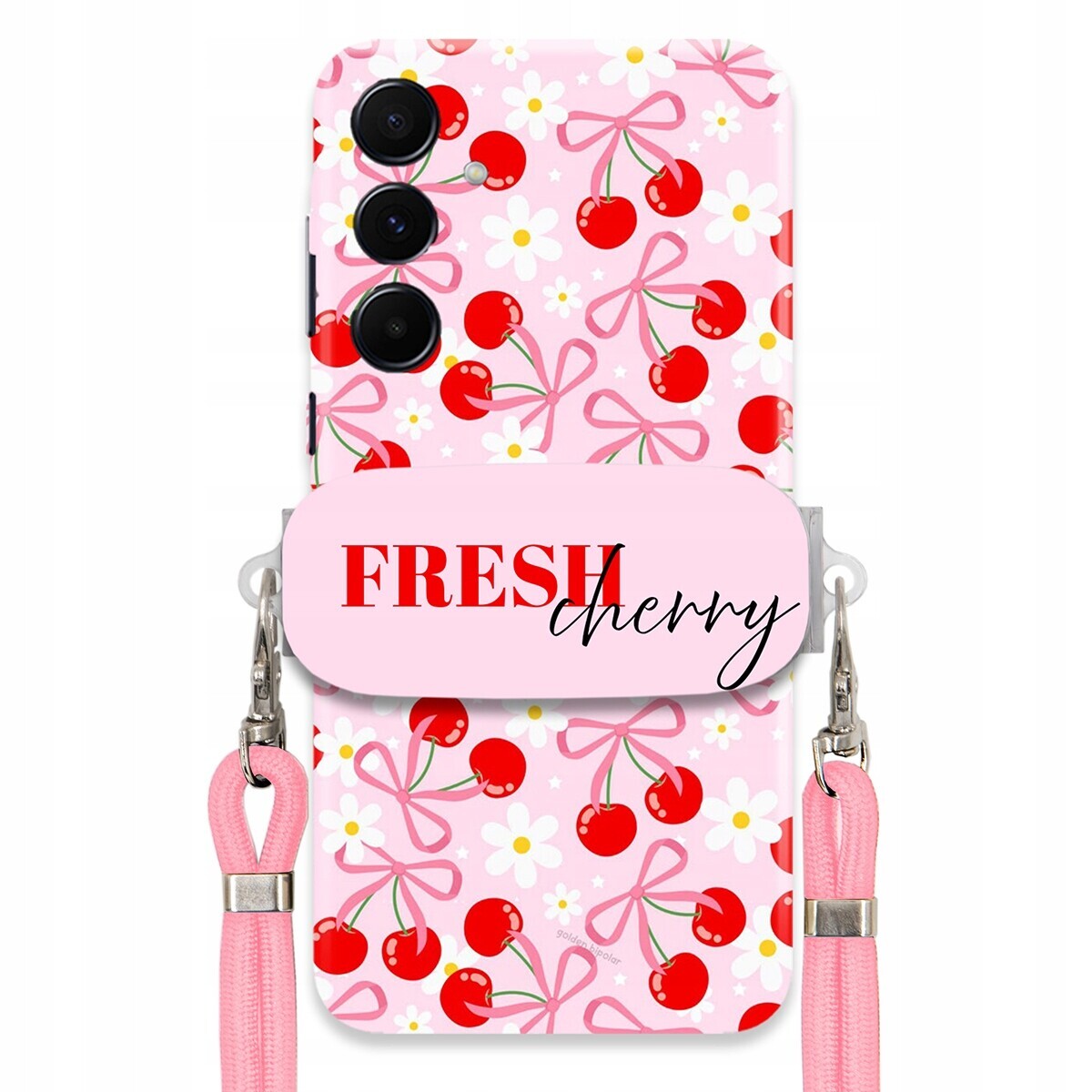Pouzdro pro Samsung A55 5G Case Držák Šňůrka Růžová Fresh Cherry Kokardy