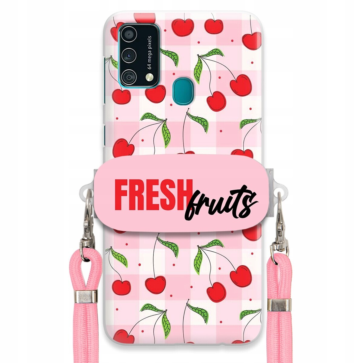 Pouzdro pro Samsung F41 Case Držák Šňůrka Růžová Fresh Fruits Mřížka Ovoce