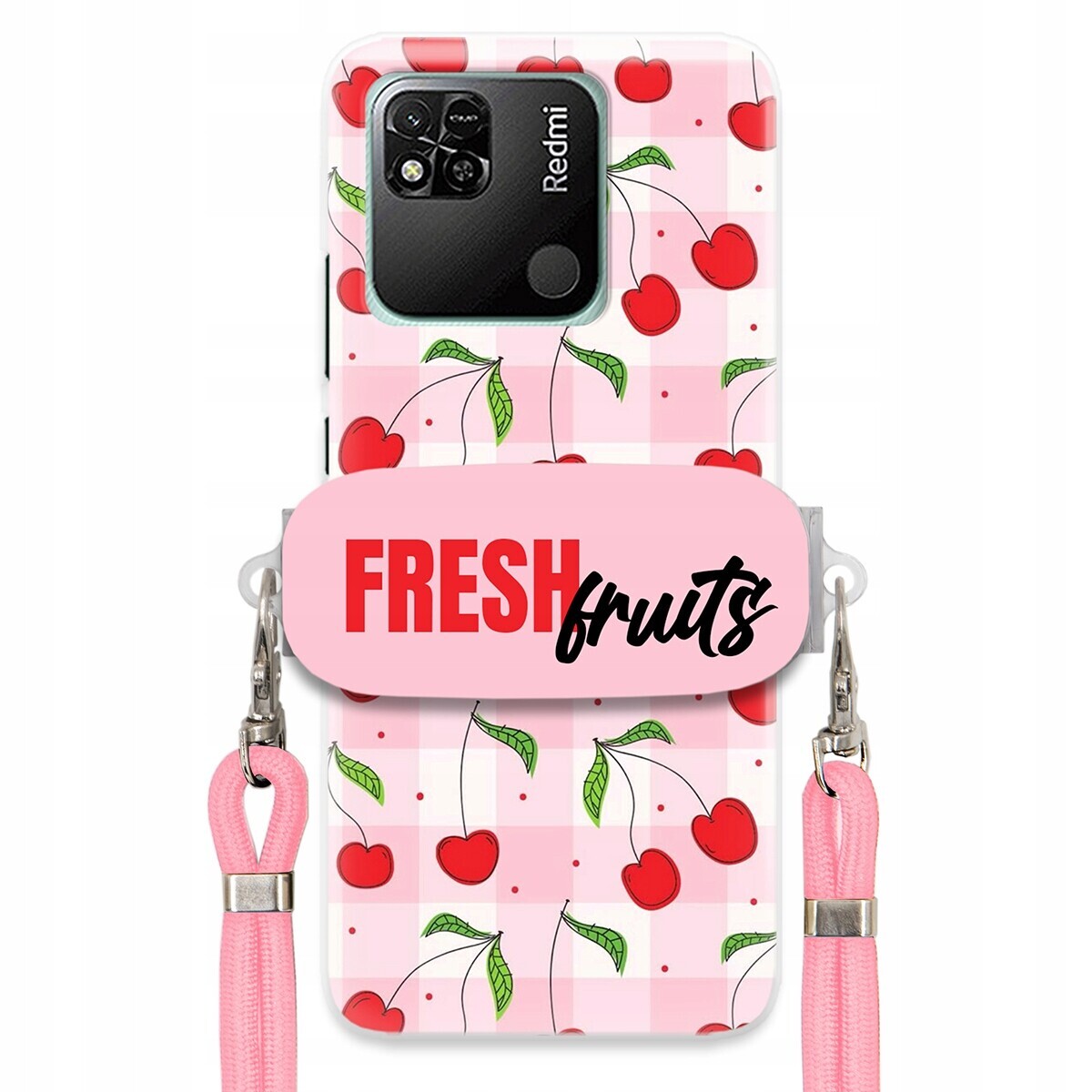 Pouzdro pro Xiaomi Redmi 10A Case Držák Šňůrka Růžová Fresh Fruits Mřížka