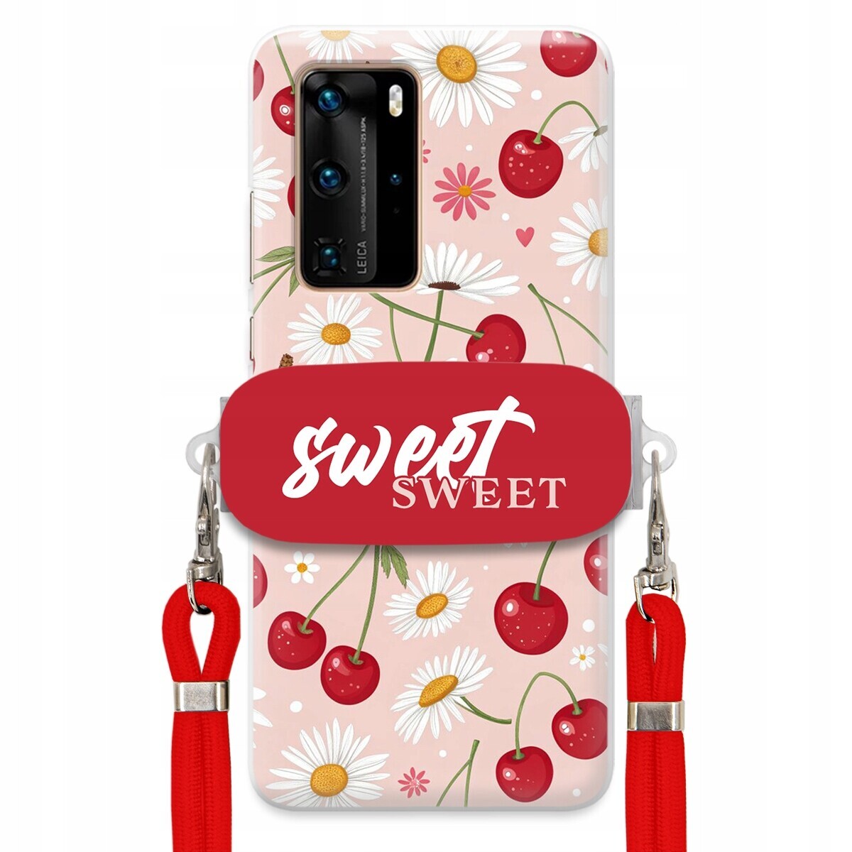 Pouzdro pro Huawei P40 Pro Červené vodítko držák Crossbody Sweet Višňový Květ