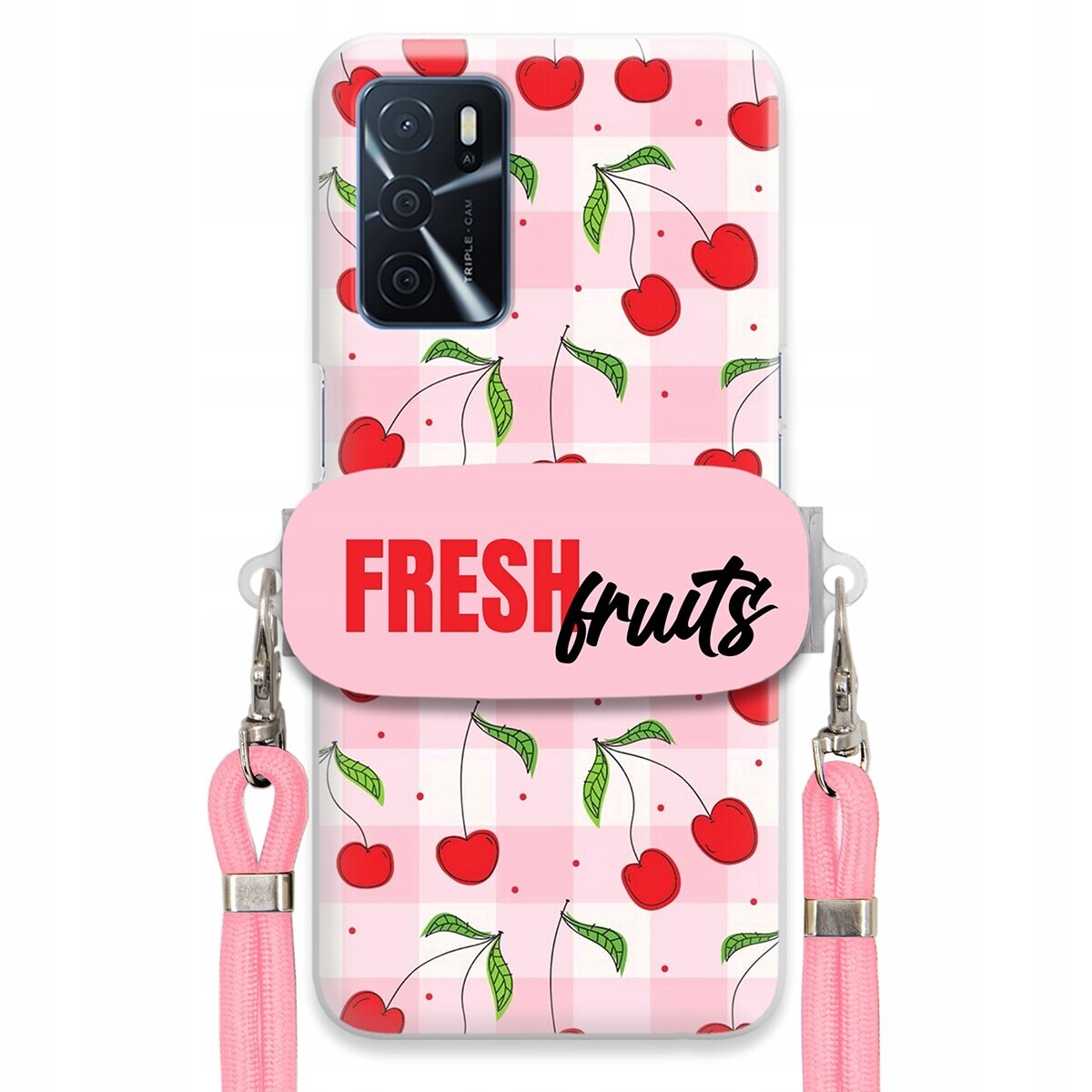 Pouzdro pro Oppo A16 Case Držák Šňůrka Růžová Fresh Fruits Mřížka Ovoce