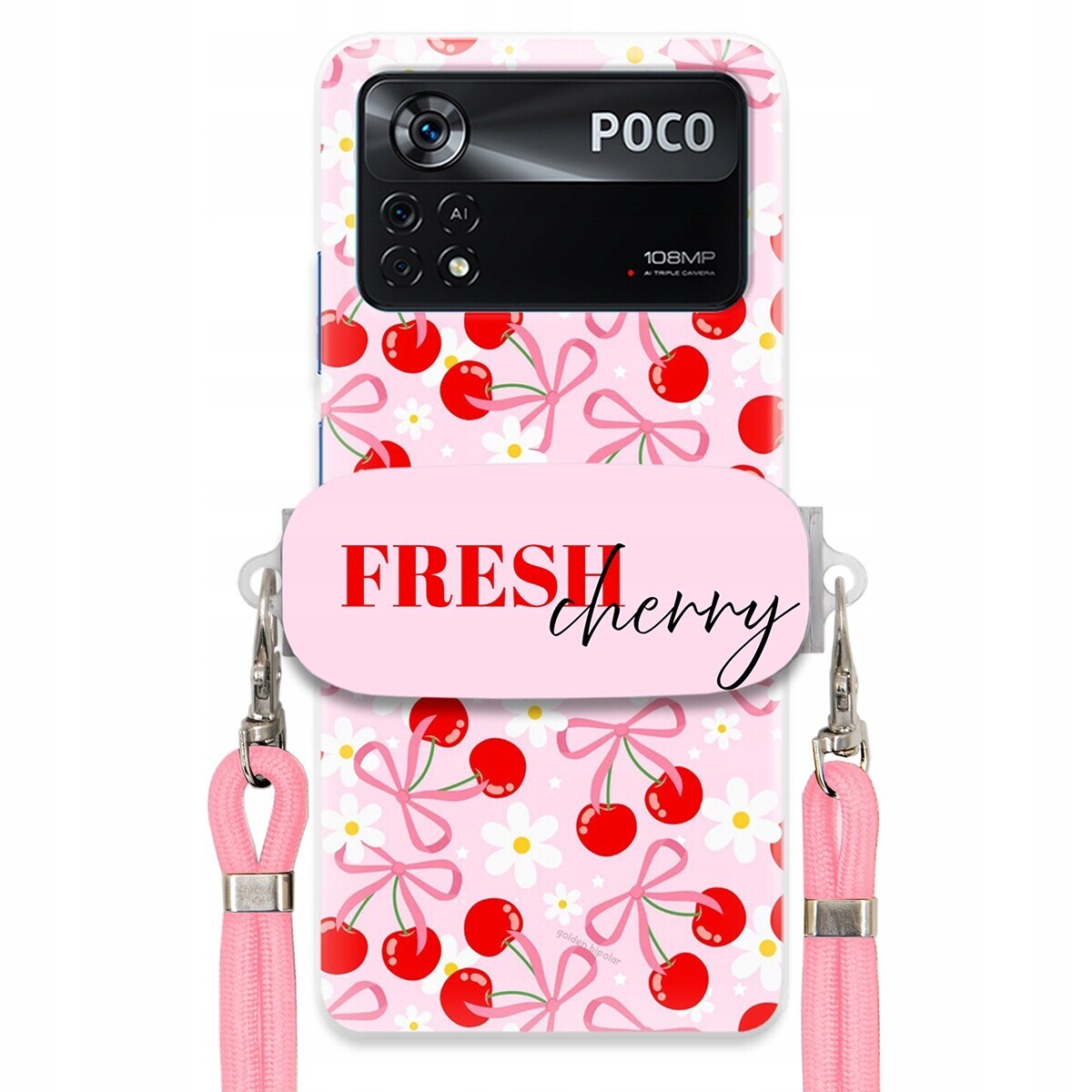 Pouzdro pro Xiaomi Poco X4 Pro 5G Case Držák Šňůrka Růžová Cherry Kokardy