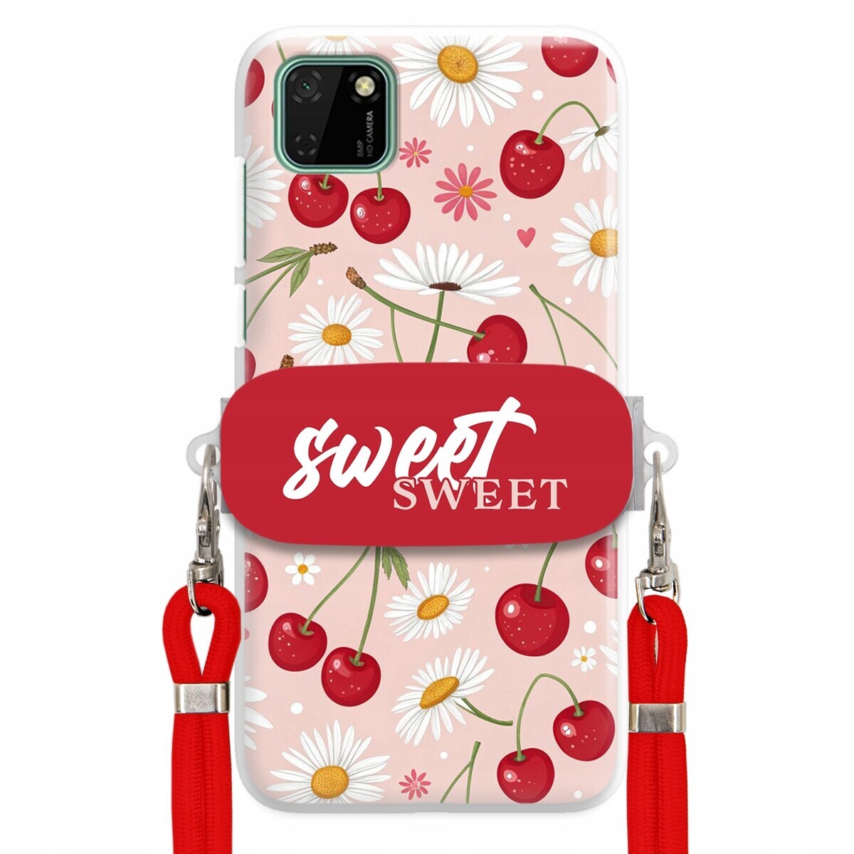 Pouzdro pro Huawei Y5P Červené vodítko držák Sweet Sweet Višeň a sedmikráska