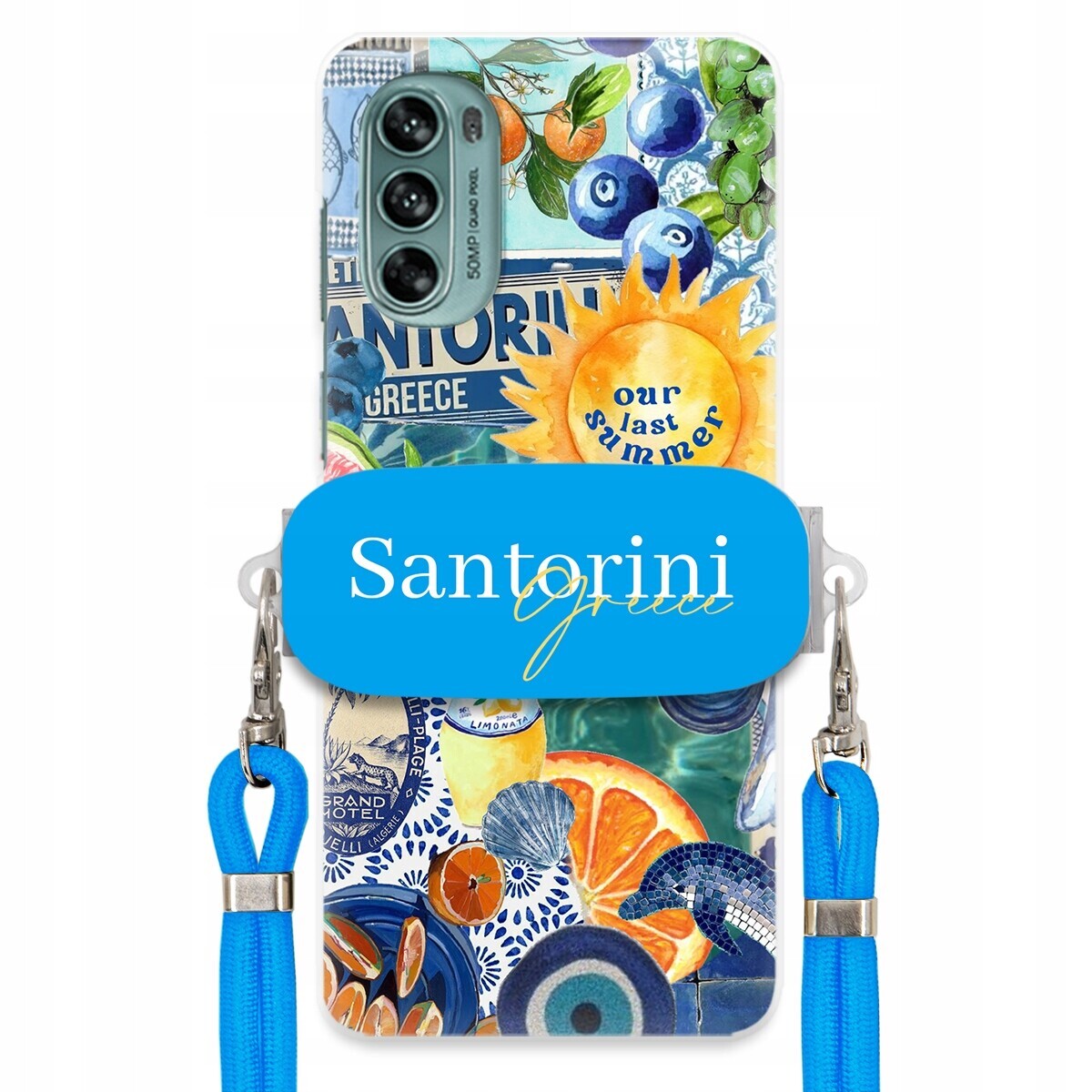 Pouzdro pro Motorola G62 5G Modré Crossbody vodítko držák Santorini Greece