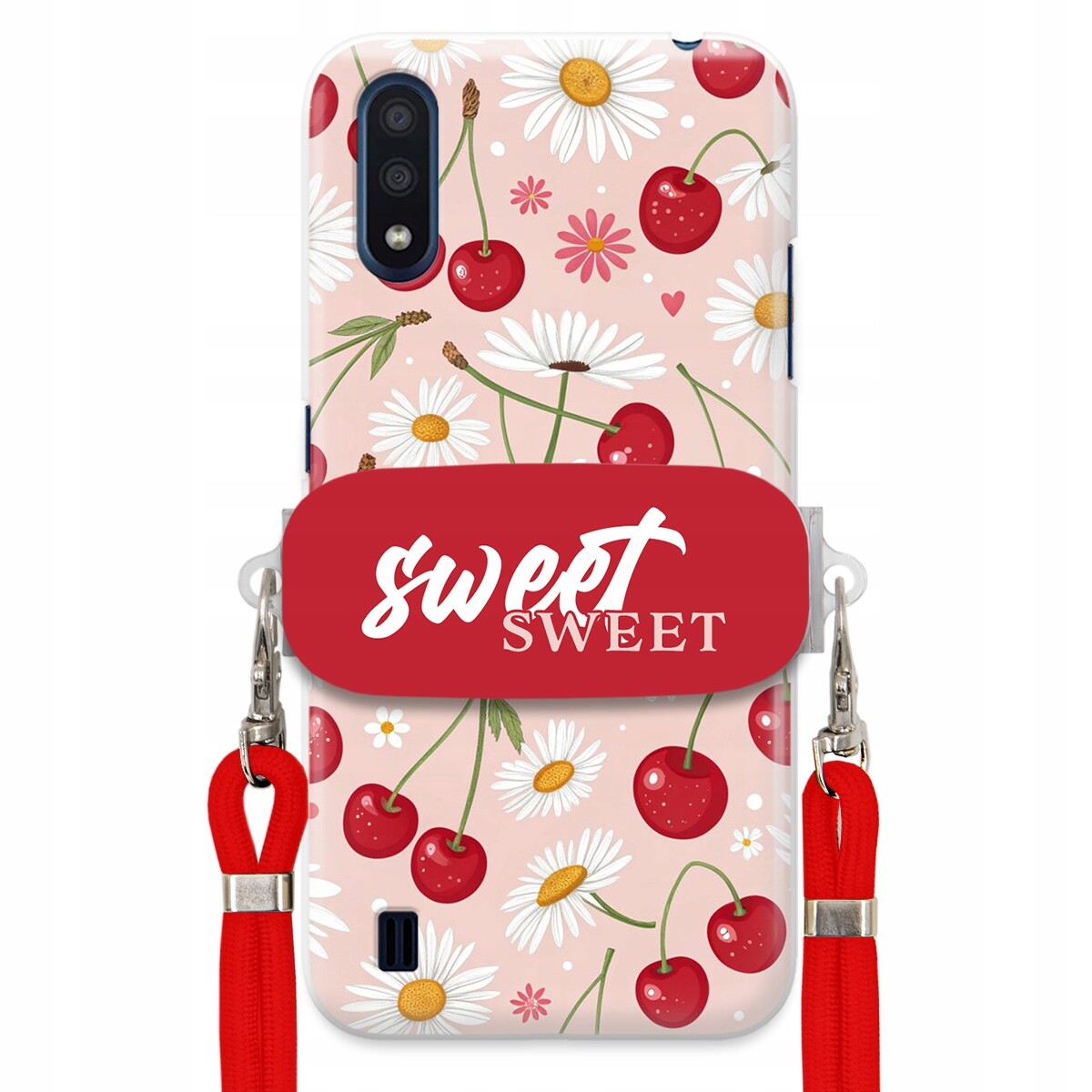 Pouzdro pro Samsung M01 Červené vodítko držák Crossbody Sweet Višňový Květ