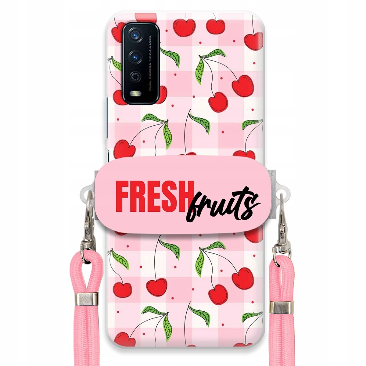 pouzdro na Vivo Y20i Case Držák Šňůrka Růžová Fresh Fruits Mřížka Ovoce