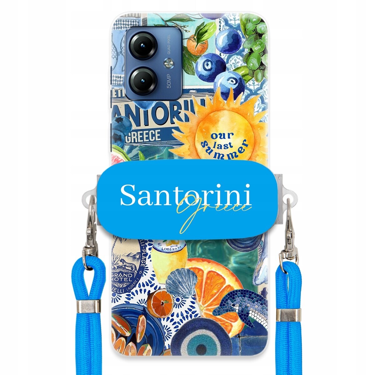 Pouzdro pro Motorola G14 Modré Crossbody vodítko Držák Santorini Sea Vibes