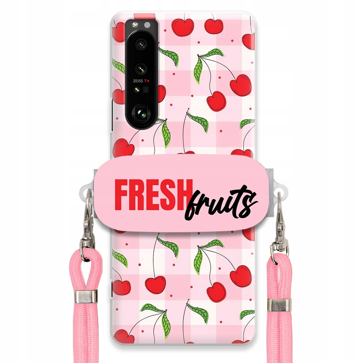 Pouzdro pro Sony Xperia 1 III Držák Šňůrka Růžová Fresh Fruits Mřížka