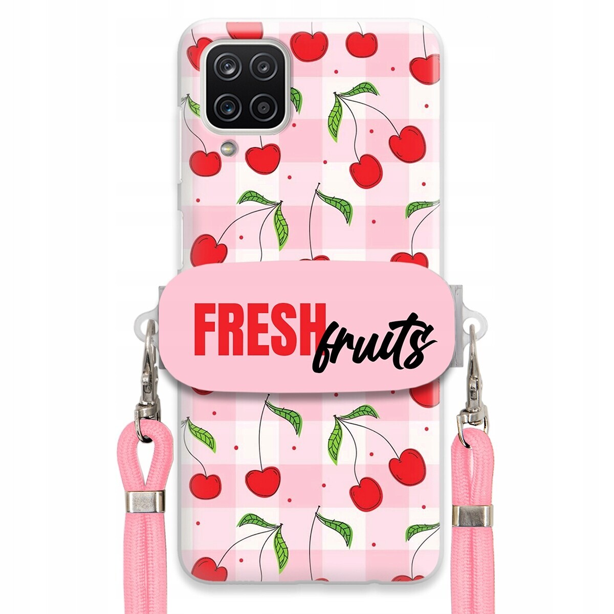 Pouzdro pro Samsung F12 Case Držák Šňůrka Růžová Fresh Fruits Mřížka Ovoce