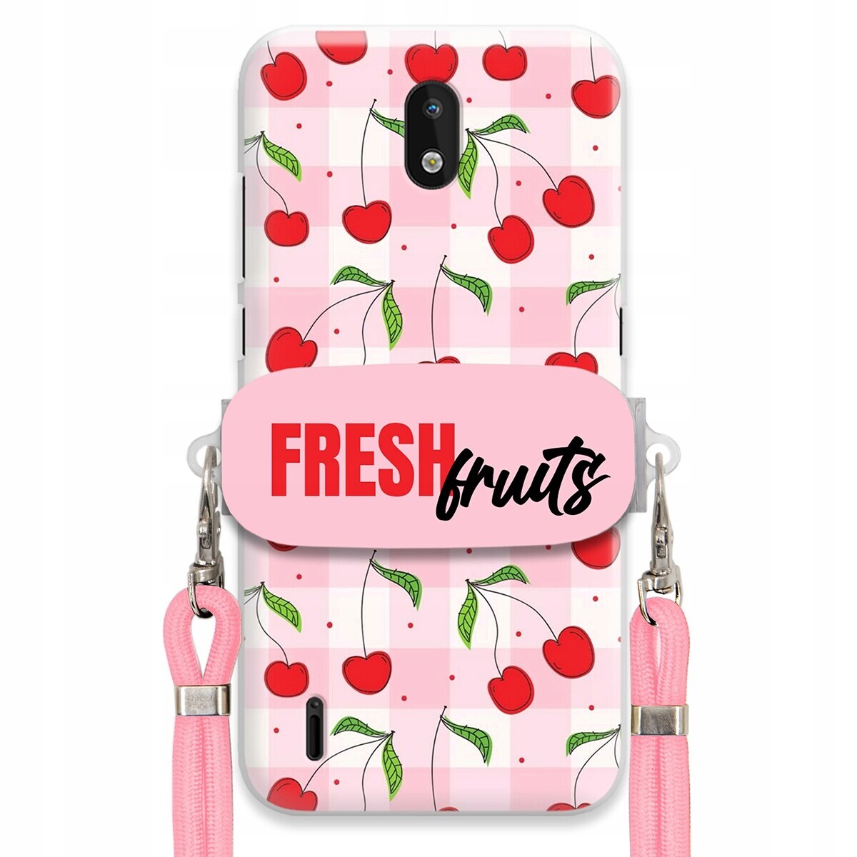 Pouzdro pro Nokia 1.3 Case Držák Šňůrka Růžová Fresh Fruits Mřížka Ovoce