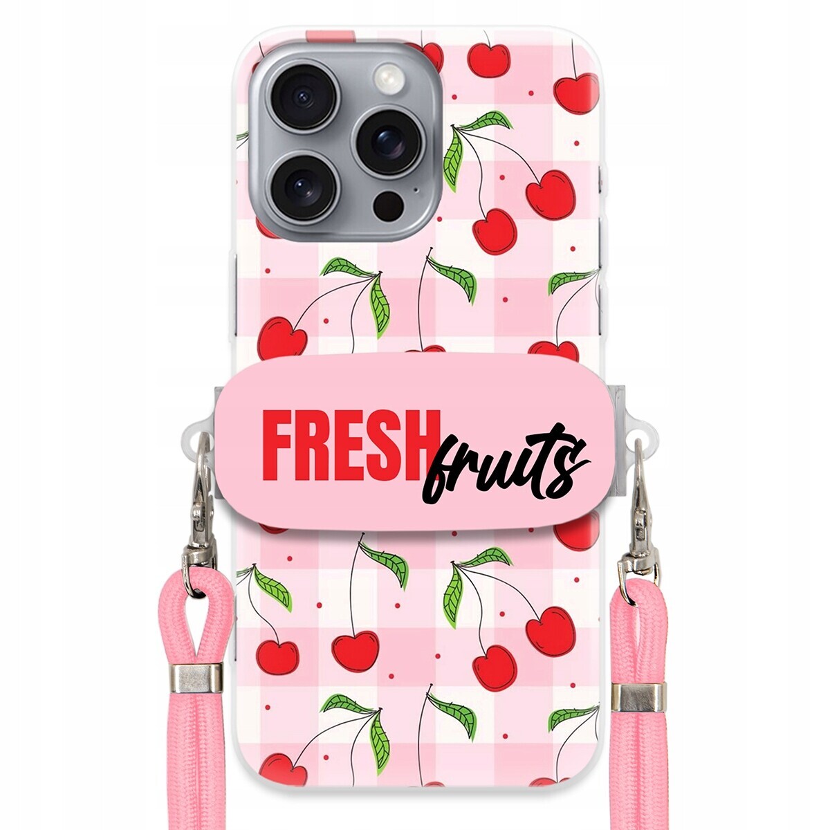 Pouzdro pro iPhone 16 Pro Max Case Držák Šňůrka Růžová Fresh Fruits Mřížka
