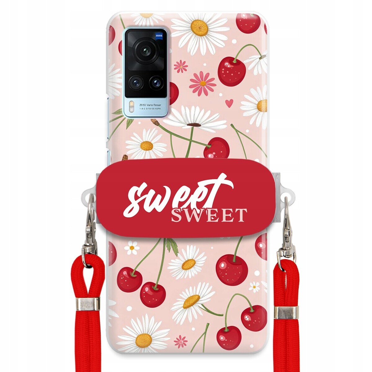 pouzdro na Vivo X60 Červené vodítko držák Crossbody Sweet Sweet Višňový Květ