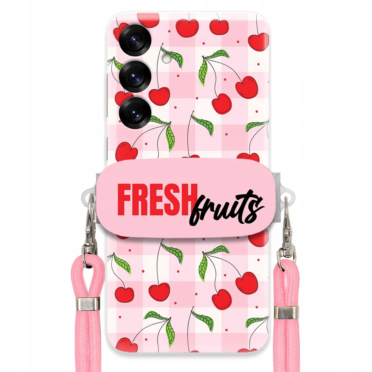 Pouzdro pro Samsung S25 Case Držák Šňůrka Růžová Fresh Fruits Mřížka Ovoce
