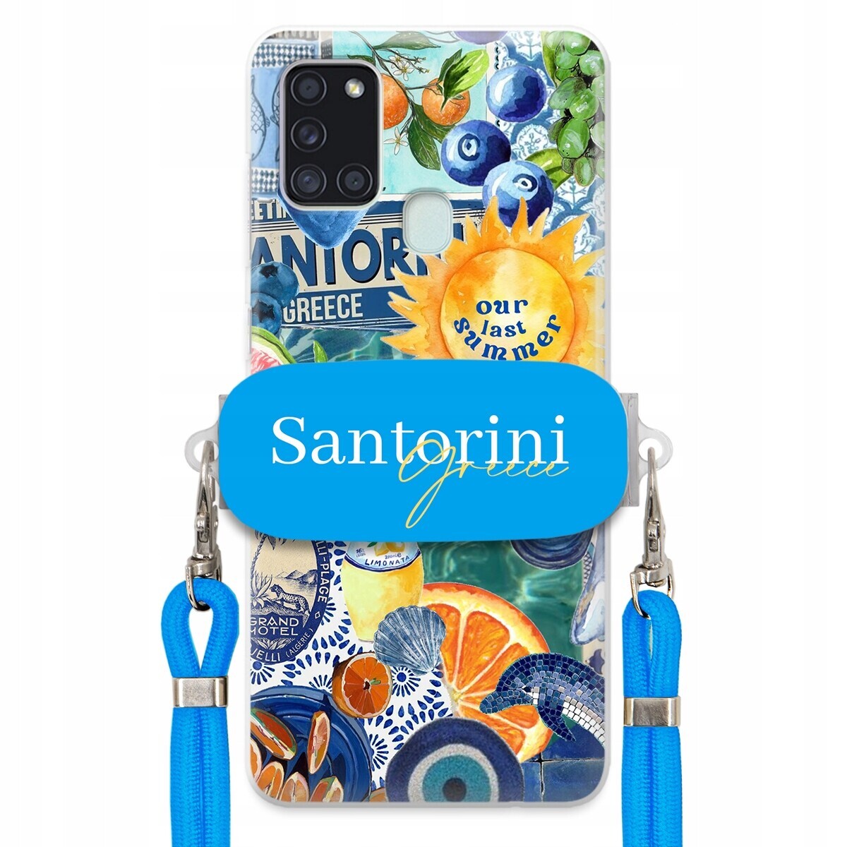 Pouzdro pro Samsung A21s Modré Crossbody vodítko Držák Santorini Sea Vibes