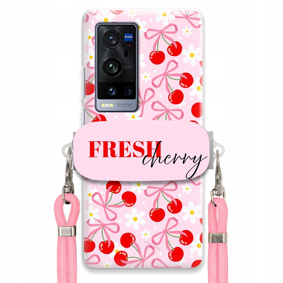 pouzdro na Vivo X60 Pro Plus Case Držák Šňůrka Růžová Fresh Cherry Kokardy