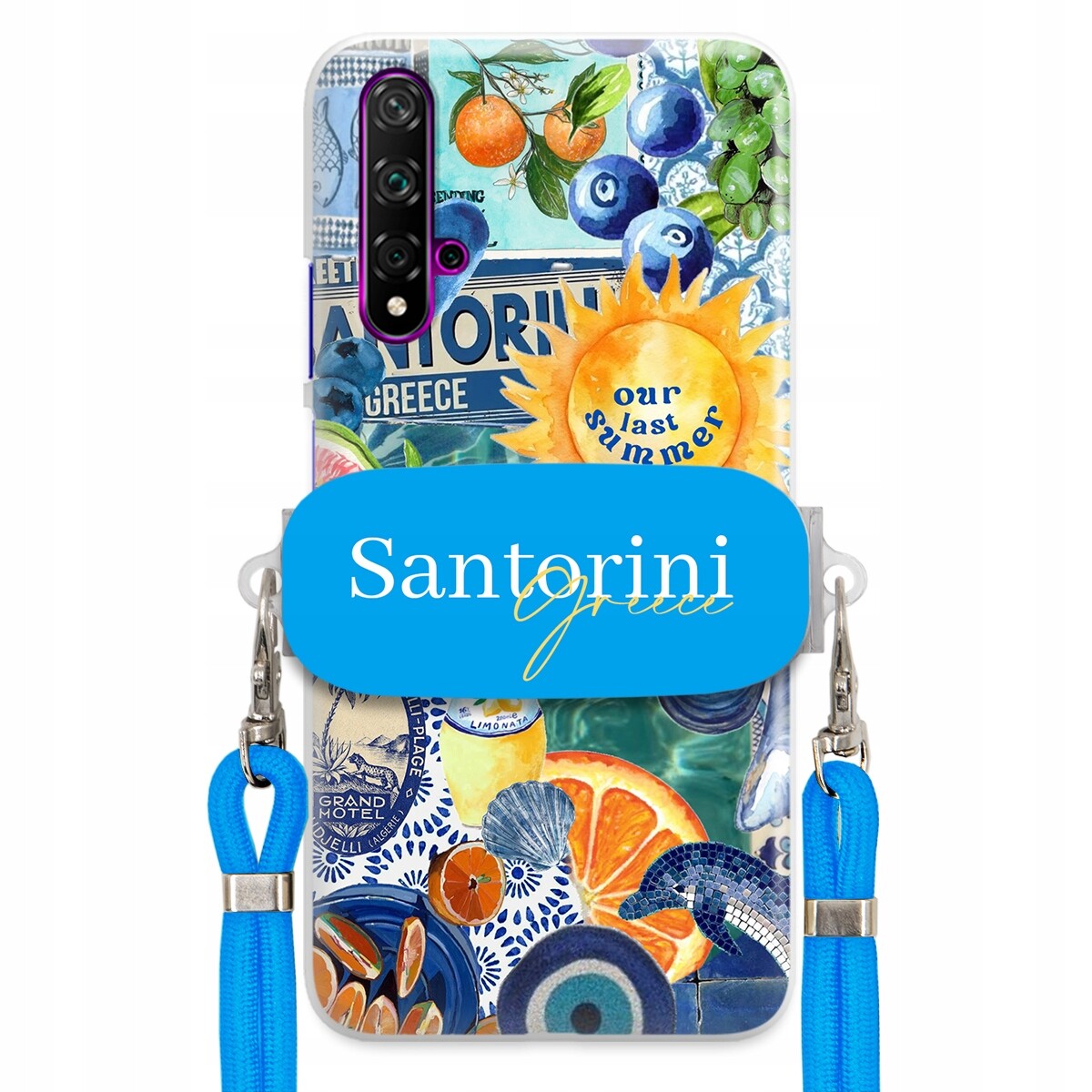 Pouzdro pro Huawei Nova 5 Modré Crossbody vodítko držák Santorini Greece