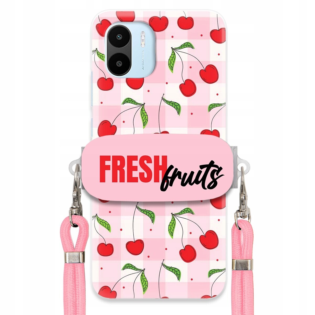 Pouzdro pro Xiaomi Redmi A1 Case Držák Šňůrka Růžová Fresh Fruits Mřížka
