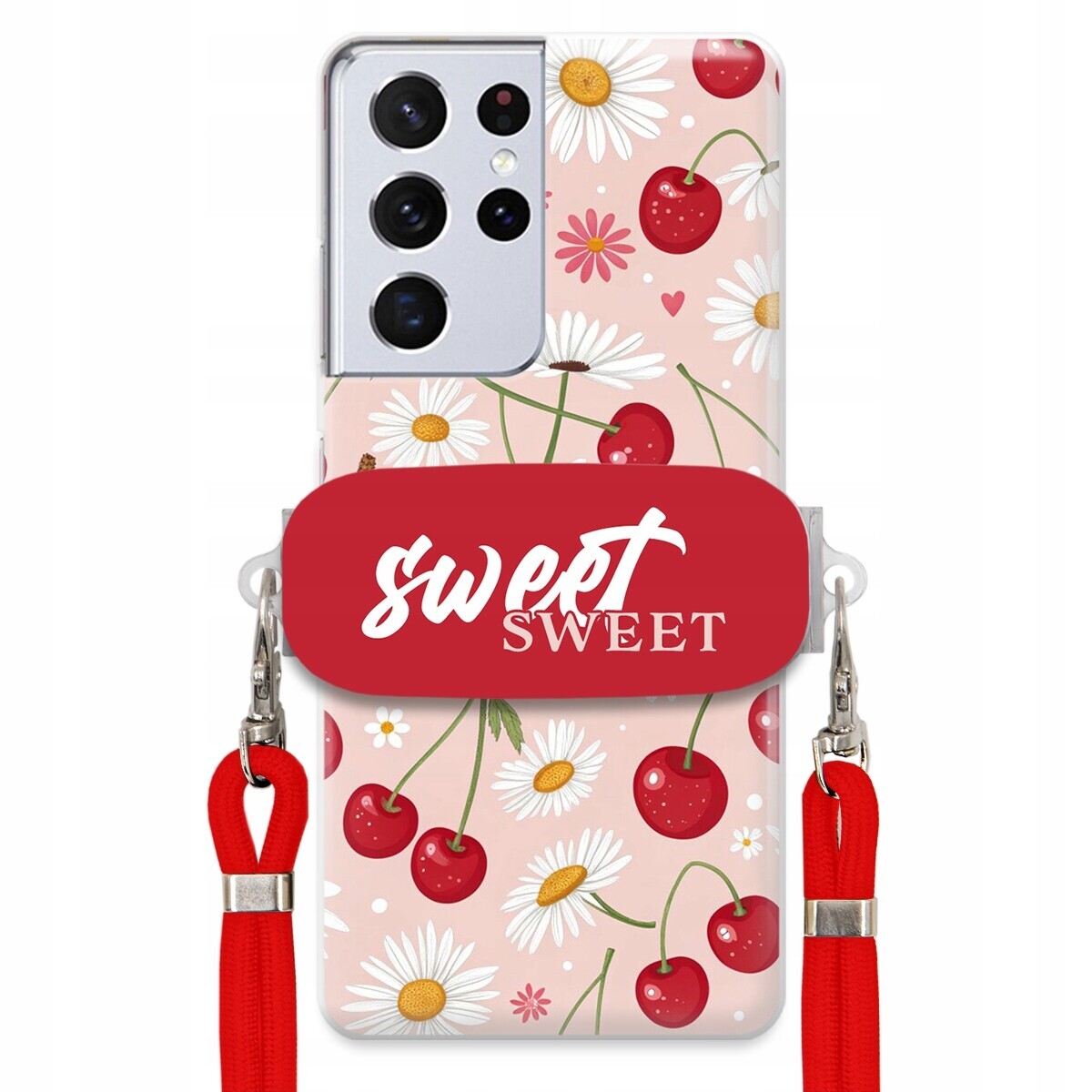 Pouzdro pro Samsung S21 Ultra 5G Červené vodítko Crossbody držák Sweet Cherry