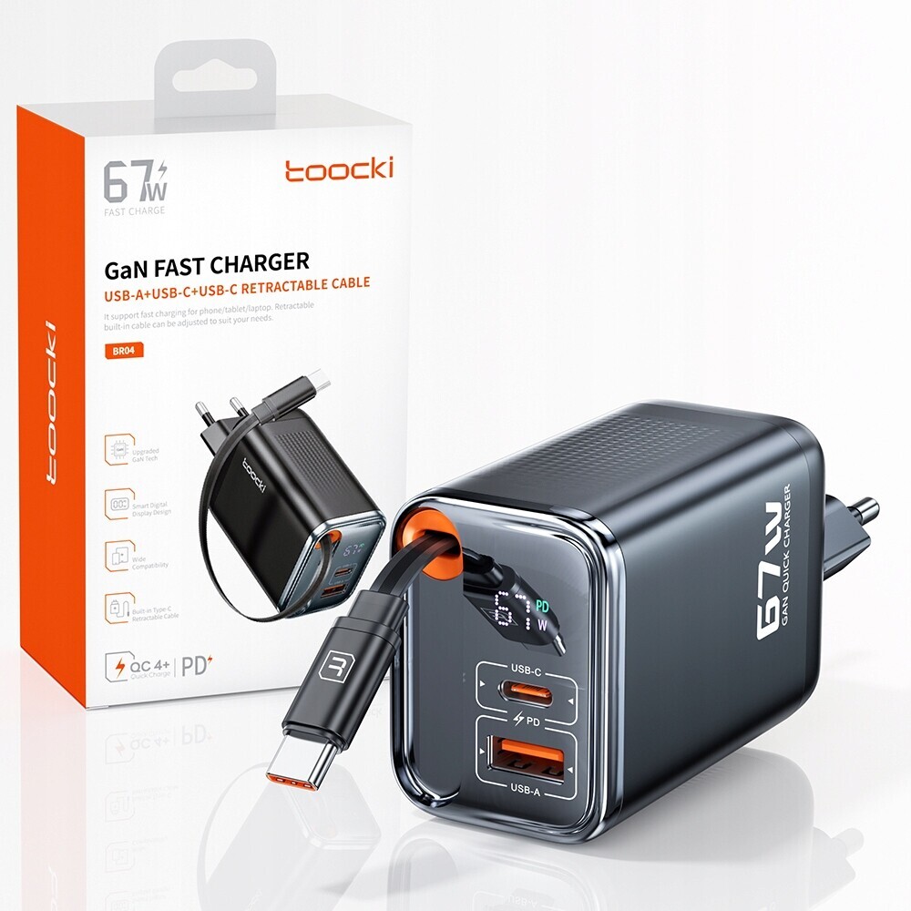 Nabíječka Toocki 67W LCD GaN Black A+c Port s 65cm navíjecím kabelem