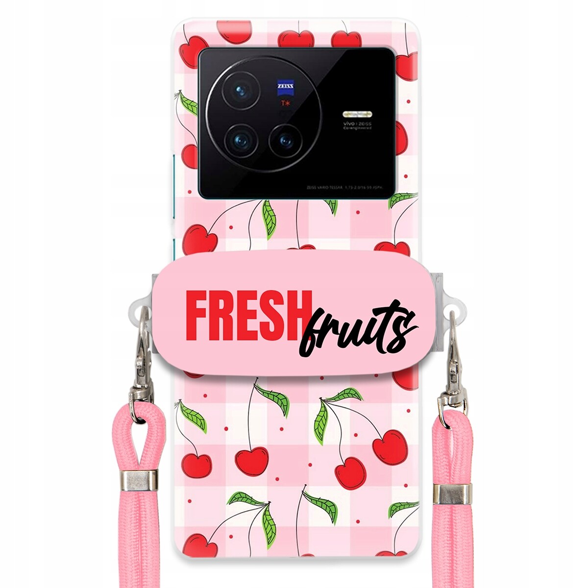 pouzdro na Vivo X80 Case Držák Šňůrka Růžová Fresh Fruits Mřížka Ovoce