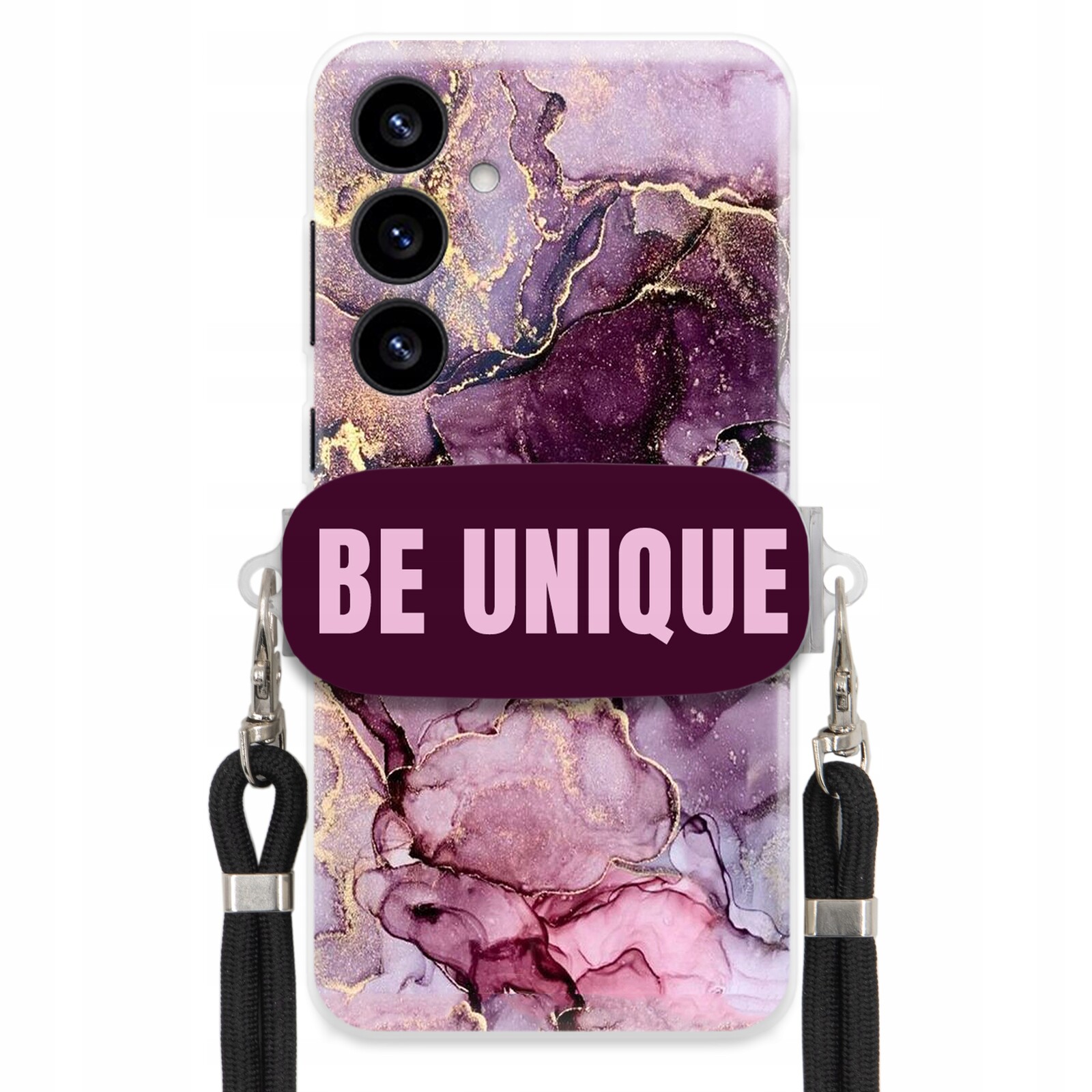 Pouzdro pro Samsung S25 Plus úchytka na šňůrku Černá Fialová Mramor Be Unique