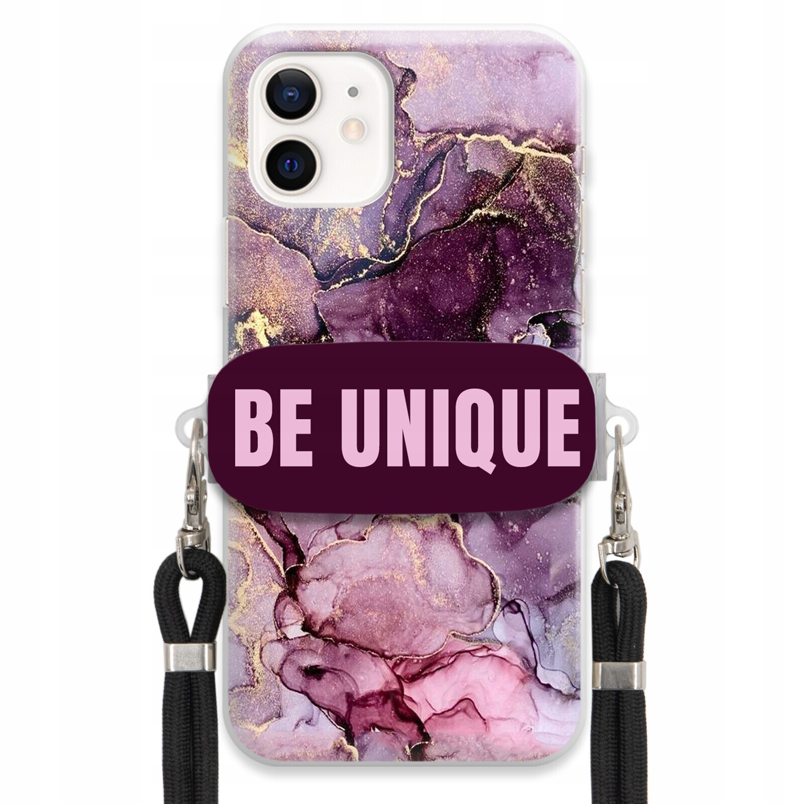 Pouzdro Premium pro iPhone 12 Case úchytka na šňůrku Černá Fialová Mramorová