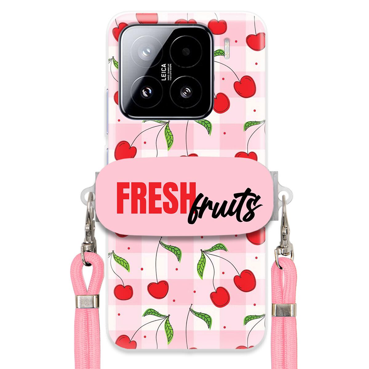 Pouzdro pro Xiaomi 15 Case Držák Šňůrky Růžová Fresh Fruits Mřížka Ovoce