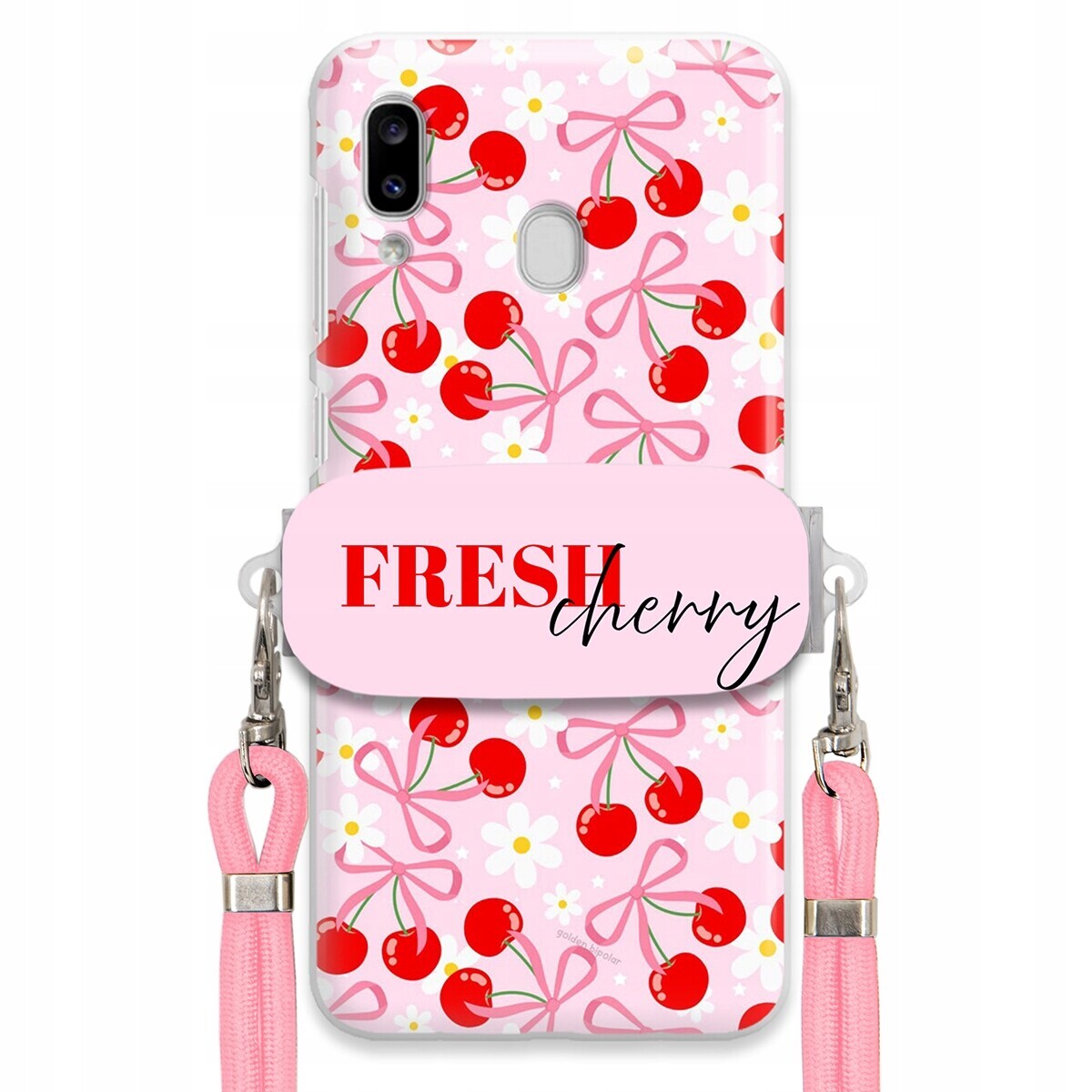 Pouzdro pro Samsung A20e Case Držák Šňůrka Růžová Fresh Cherry Kokardy