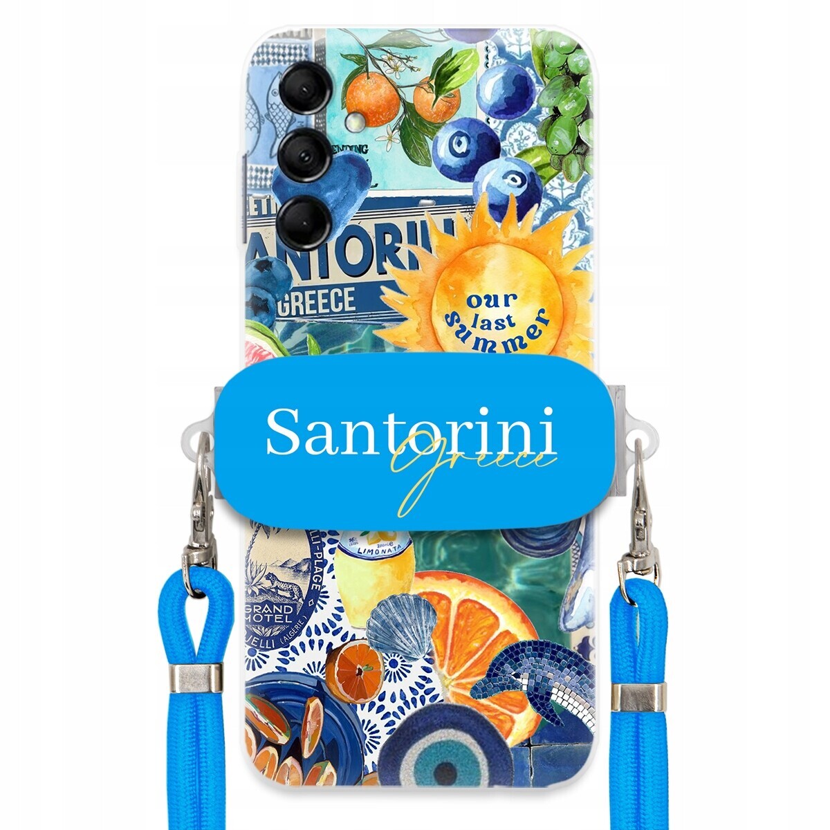 Pouzdro pro Samsung M14 5G Modré Crossbody vodítko držák Santorini Greece